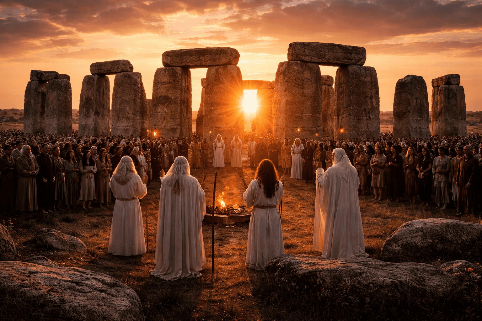 Eine große Gruppe von Menschen in Gewändern versammelt sich bei Sonnenuntergang in Stonehenge. Die Sonne scheint durch die Steine und beleuchtet eine zeremonielle Szene in der Mitte, die die Geschichte und Bedeutung dieser antiken Stätte verdeutlicht. | alien-fakten.de