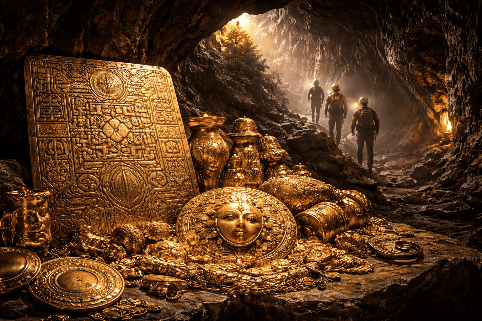 Ein Haufen kunstvoller Goldschätze füllt eine Höhle, darunter Teller, Vasen, Schmuckstücke und eine große goldene Maske. Im Hintergrund nähern sich drei Forscher mit Helmen und Ausrüstung dem legendären Tayos-Schatz, der vom Höhlenlicht Ecuadors beleuchtet wird. | alien-fakten.de