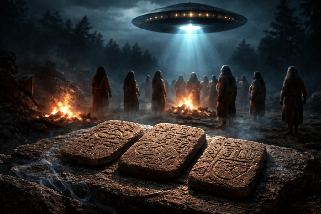 Drei uralte Tărtăria-Tafeln mit geheimnisvollen Schnitzereien ruhen auf einem Felsen. Im Hintergrund stehen gewandete Gestalten in der Nähe von Feuern und blicken auf ein schwebendes UFO, das einen hellen Lichtstrahl in das dunkle, bewaldete Gebiet wirft. | alien-fakten.de