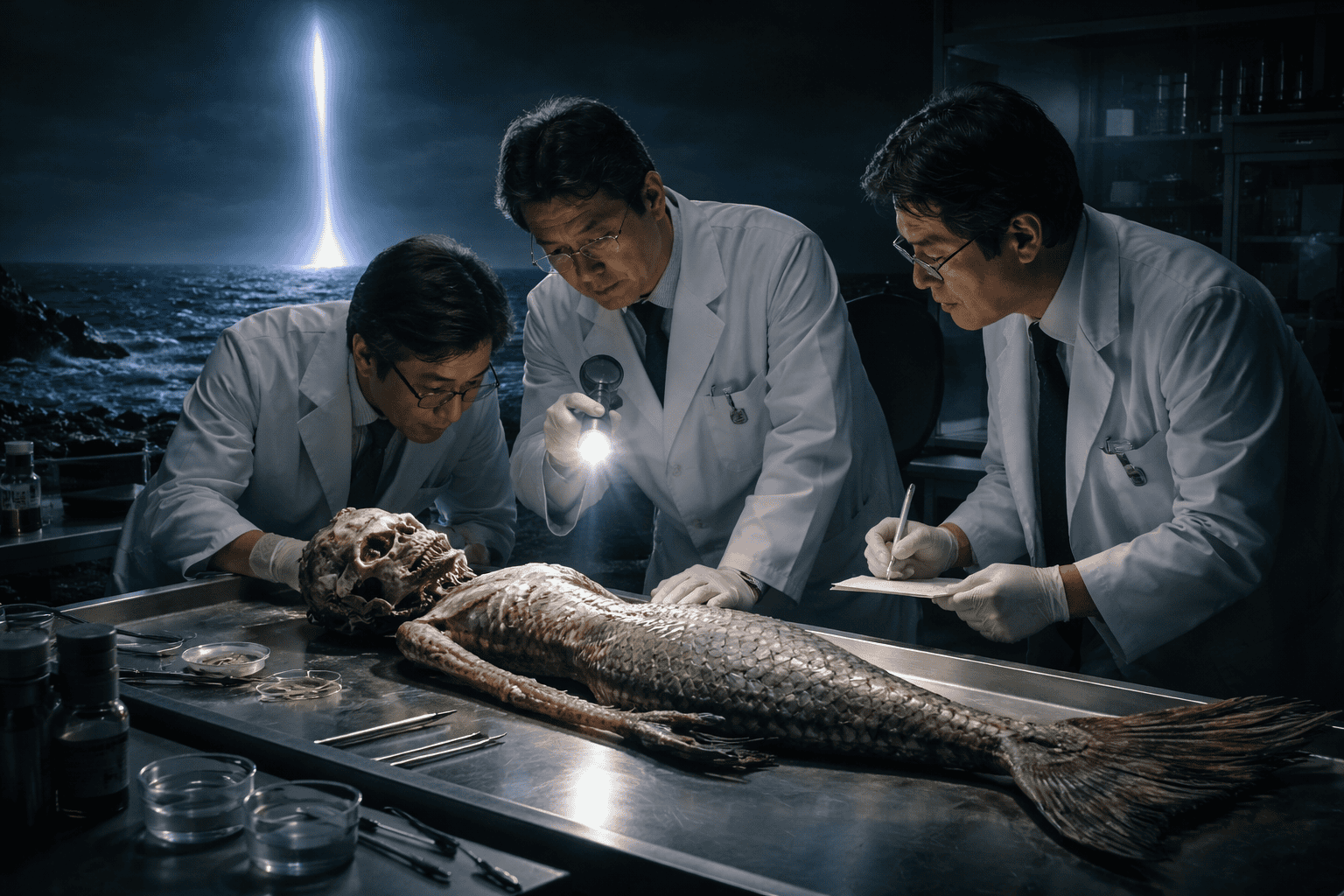 Drei Wissenschaftler in Laborkitteln untersuchen eine große, skelettierte Tote Meerjungfrau von Okayama auf einem Metalltisch in einem Labor - einer benutzt eine Taschenlampe. Im dunklen Hintergrund draußen deutet ein mysteriöser Lichtstrahl auf Geheimnisse jenseits von Okayama hin. | alien-fakten.de