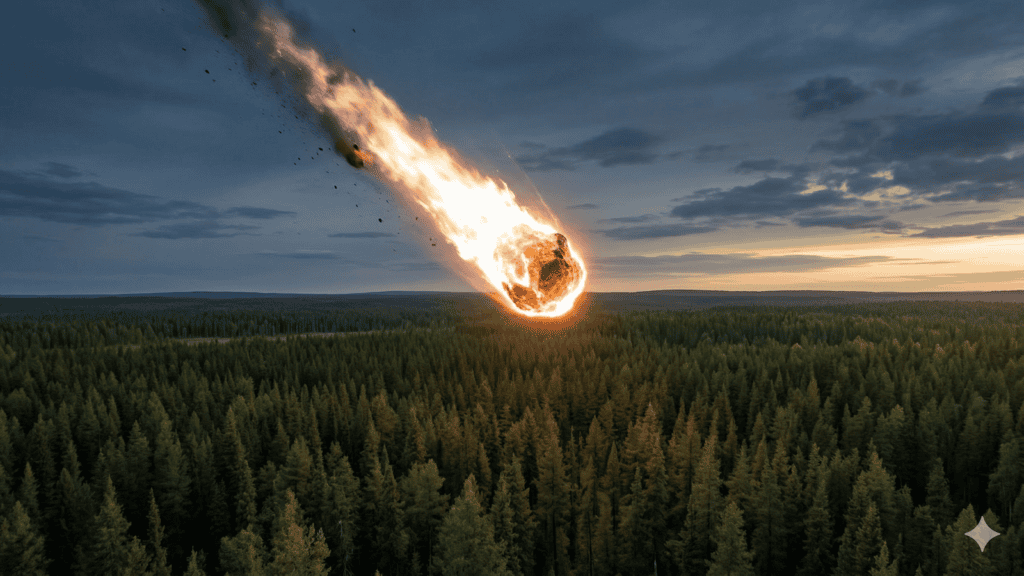 Ein glühender Meteor rast bei Sonnenuntergang durch den Himmel über einem dichten Wald und hinterlässt eine feurige Spur, während er auf die Bäume zusteuert. | alien-fakten.de