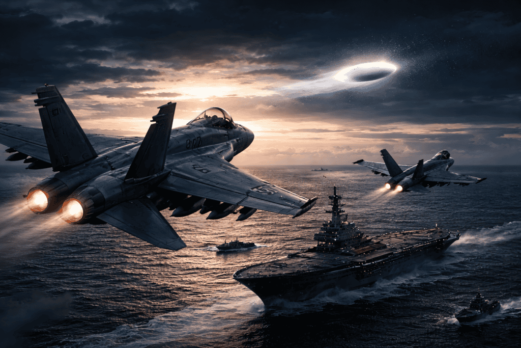 Zwei Kampfjets starten von der USS Nimitz bei Sonnenuntergang auf See, während mehrere Schiffe sie umgeben. Am wolkenverhangenen Himmel darüber schwebt ein mysteriöser glühender Ring - der an den Tic-Tac-UFO-Vorfall von 2004 erinnert - über dem Meer. | alien-fakten.de