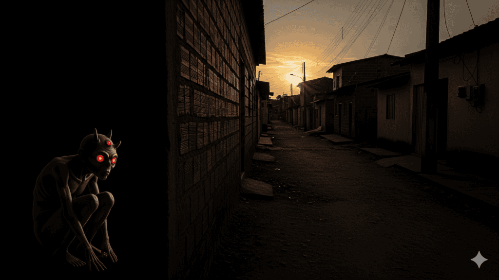 Eine kauernde Kreatur mit glühend roten Augen und kleinen Hörnern lauert im Schatten neben einer Backsteinmauer und beobachtet eine leere Straße bei Sonnenuntergang in einem ruhigen Viertel. | alien-fakten.de