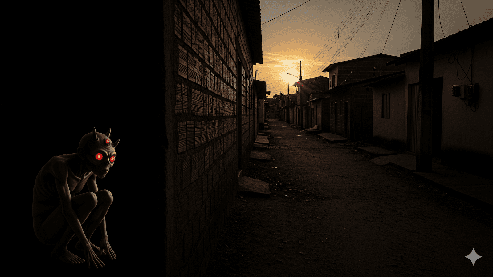 Eine kauernde Kreatur mit glühend roten Augen und kleinen Hörnern lauert im Schatten neben einer Backsteinmauer und beobachtet eine leere Straße bei Sonnenuntergang in einem ruhigen Viertel. | alien-fakten.de