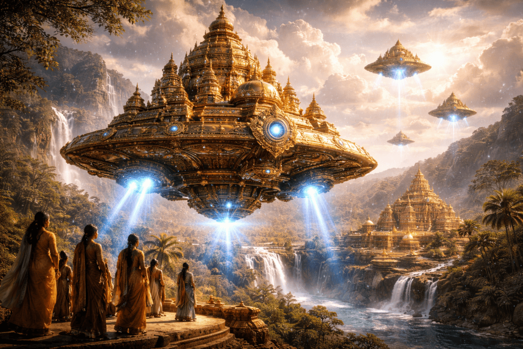 Eine Gruppe von Menschen in traditionellen Gewändern beobachtet, wie kunstvolle, goldene, leuchtende Fliegende Vimanas über einer üppigen Landschaft mit Tempeln, Wasserfällen und nebligen Bergen unter einem dramatischen Himmel in Indien schweben. | alien-fakten.de