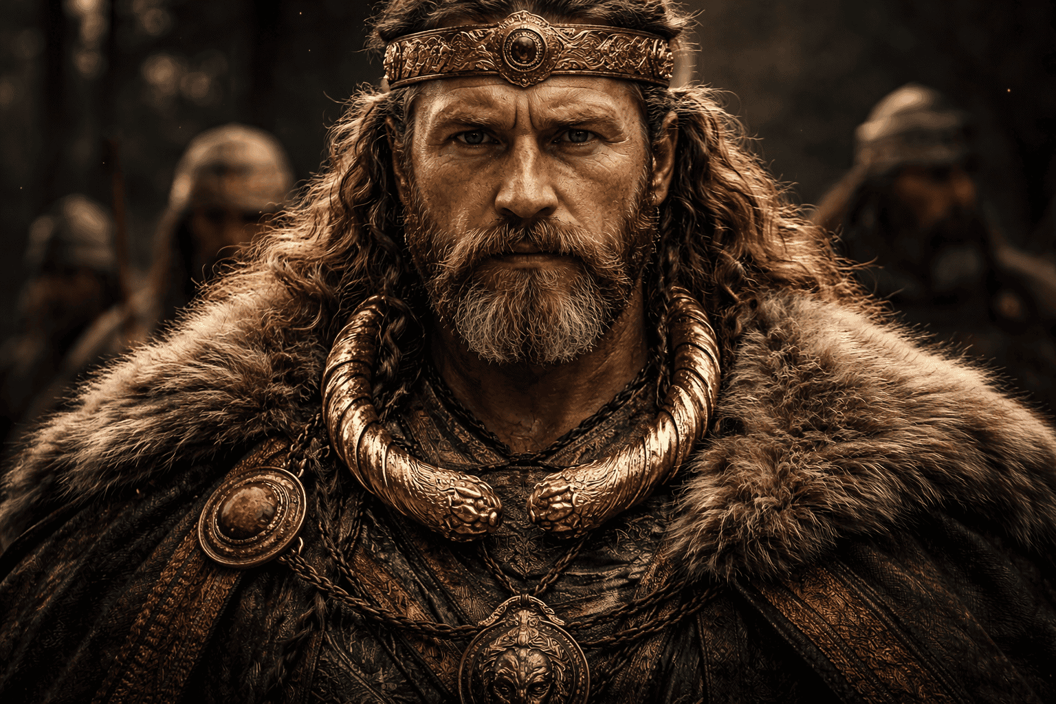 Ein strenger, bärtiger Mann in einer kunstvollen, pelzgefütterten mittelalterlichen Rüstung und Goldschmuck steht draußen, flankiert von Kriegern im Hintergrund, und strahlt die gebieterische Stärke und Autorität eines Kelten-Häuptlings aus. | alien-fakten.de