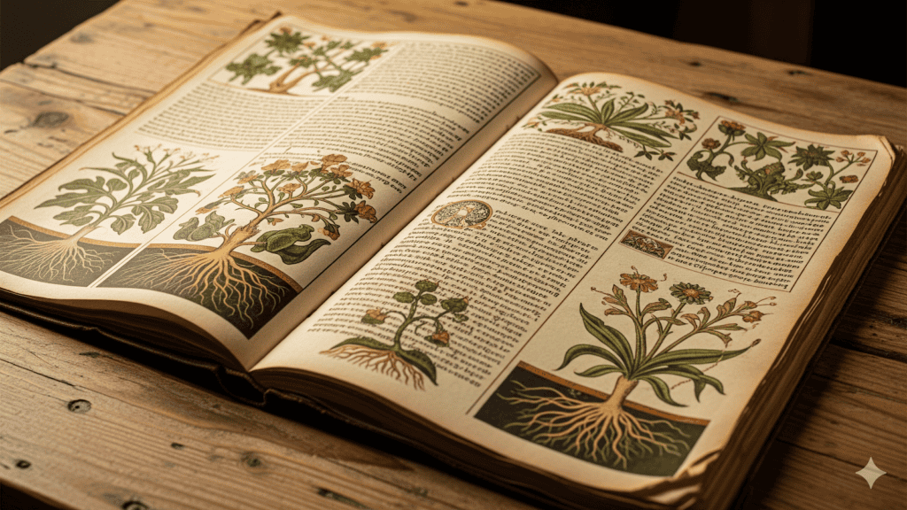 Ein aufgeschlagenes botanisches Buch auf einem Holztisch, das detaillierte Zeichnungen von Pflanzen mit Wurzeln, Blättern und Blüten zeigt, begleitet von beschreibendem Text auf jeder Seite. | alien-fakten.de