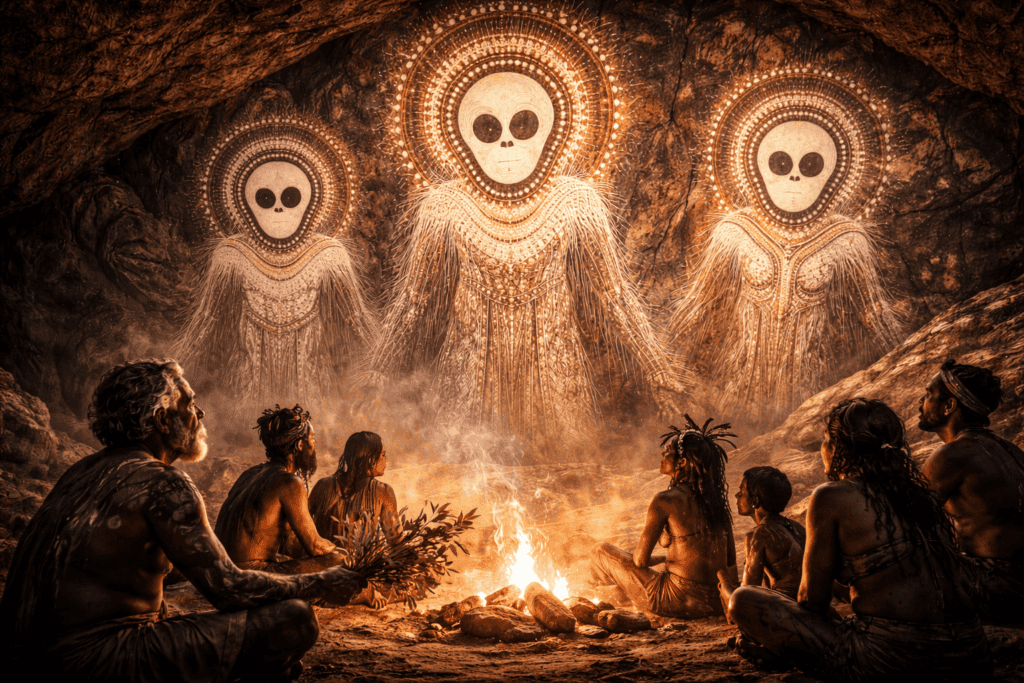 Eine Gruppe von Menschen sitzt in einer Höhle um ein Feuer herum und starrt auf drei große, leuchtende Wandjina-Figuren mit strahlenden Heiligenscheinen und skelettartigen Gesichtern, die an der Wand erscheinen und an die mystischen Geisterlegenden von Australien erinnern. | alien-fakten.de
