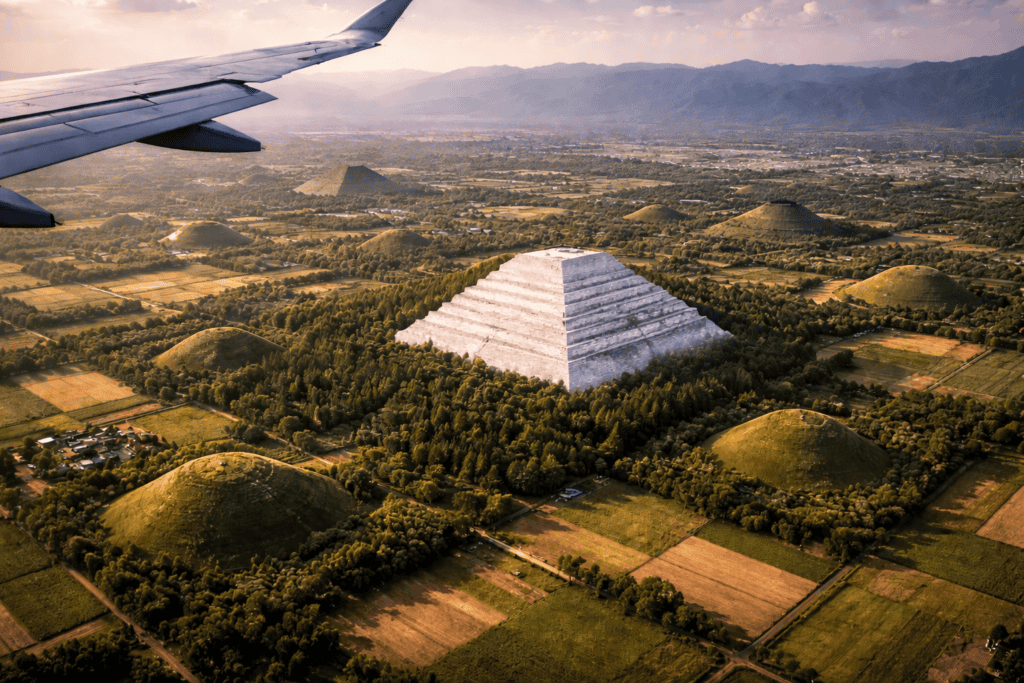 Eine Luftaufnahme aus einem Flugzeug zeigt die Weiße Pyramide, eine große, weiße Pyramide in der Nähe von Xi'an, umgeben von kleineren Hügeln und grünen Feldern, mit Bergen im Hintergrund unter einem teilweise bewölkten Himmel. | alien-fakten.de