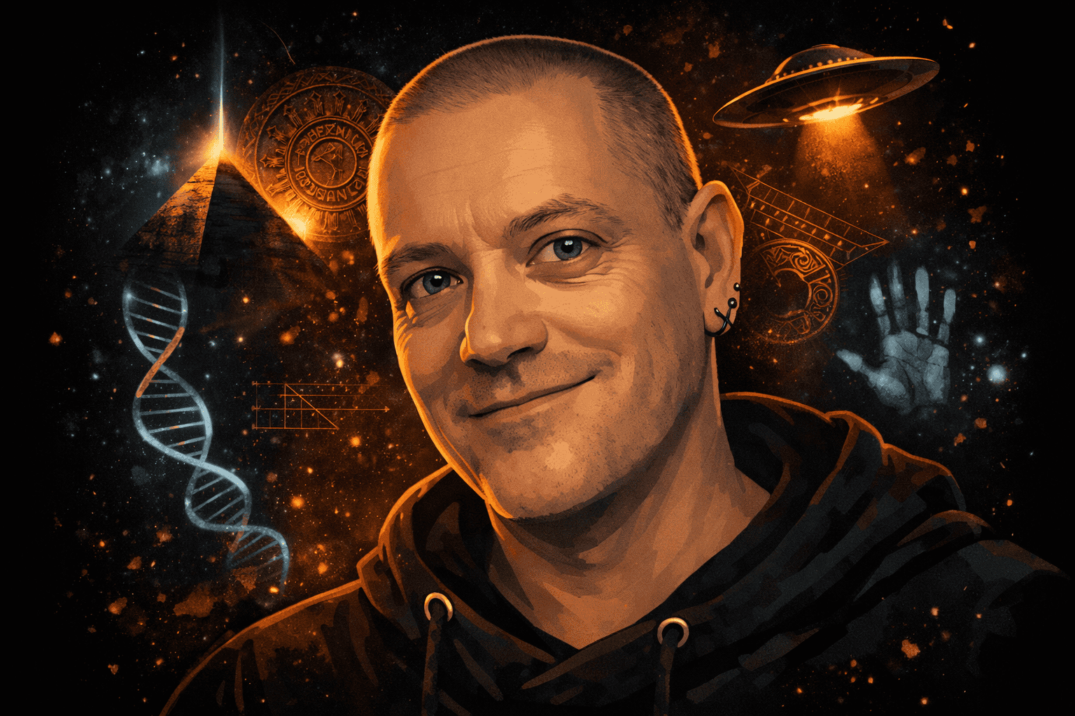 Ein lächelnder Mann mit rasiertem Kopf und Ohrringen - Daniel van Hoogen - ist vor einem Hintergrund mit einer Pyramide, einem UFO, einem DNA-Strang, geheimnisvollen Symbolen und einem leuchtenden Handabdruck zu sehen, der an Mystery und Science-Fiction erinnert. | alien-fakten.de