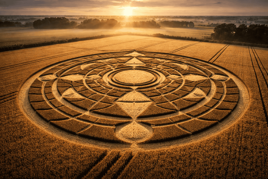 Eine große, verschlungene Kornkreise mit geometrischen Mustern ist in ein goldenes Weizenfeld bei Sonnenaufgang gemeißelt, umrahmt von Bäumen und Morgennebel - eine von vielen Kornkreisen weltweit, die die Fantasie anregen. | alien-fakten.de