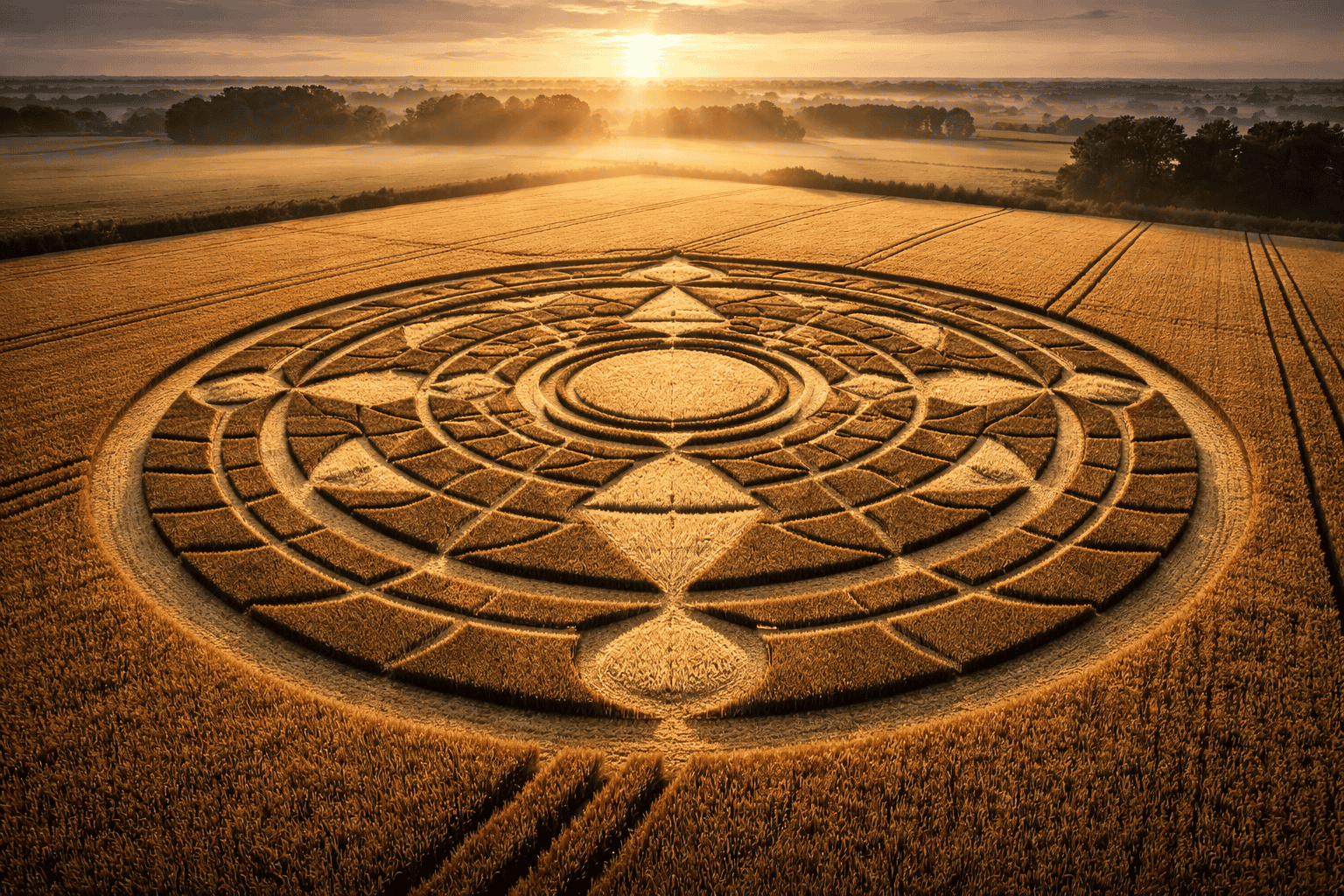 Eine große, verschlungene Kornkreise mit geometrischen Mustern ist in ein goldenes Weizenfeld bei Sonnenaufgang gemeißelt, umrahmt von Bäumen und Morgennebel - eine von vielen Kornkreisen weltweit, die die Fantasie anregen. | alien-fakten.de