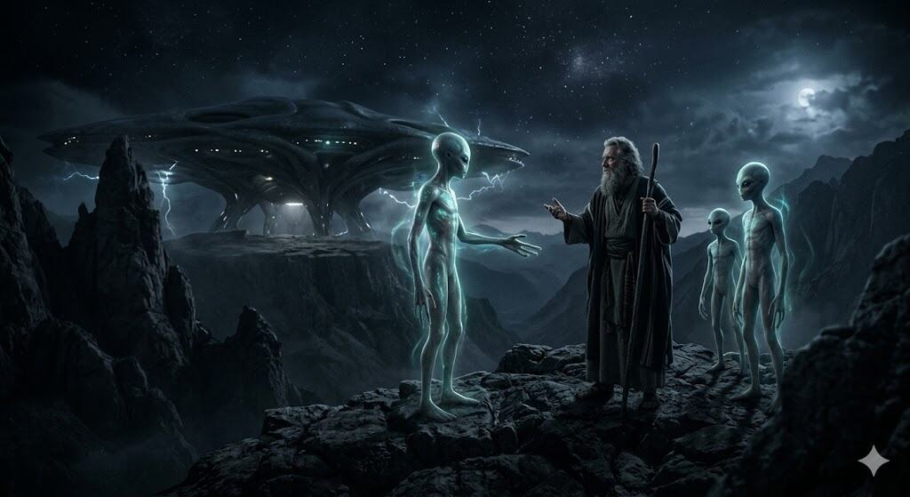 Ein bärtiger Mann in einer Robe steht auf felsigem Gelände und gestikuliert in Richtung dreier leuchtender Außerirdischer. Ein beleuchtetes außerirdisches Raumschiff schwebt im Hintergrund unter einem stürmischen, mondbeschienenen Himmel. | alien-fakten.de